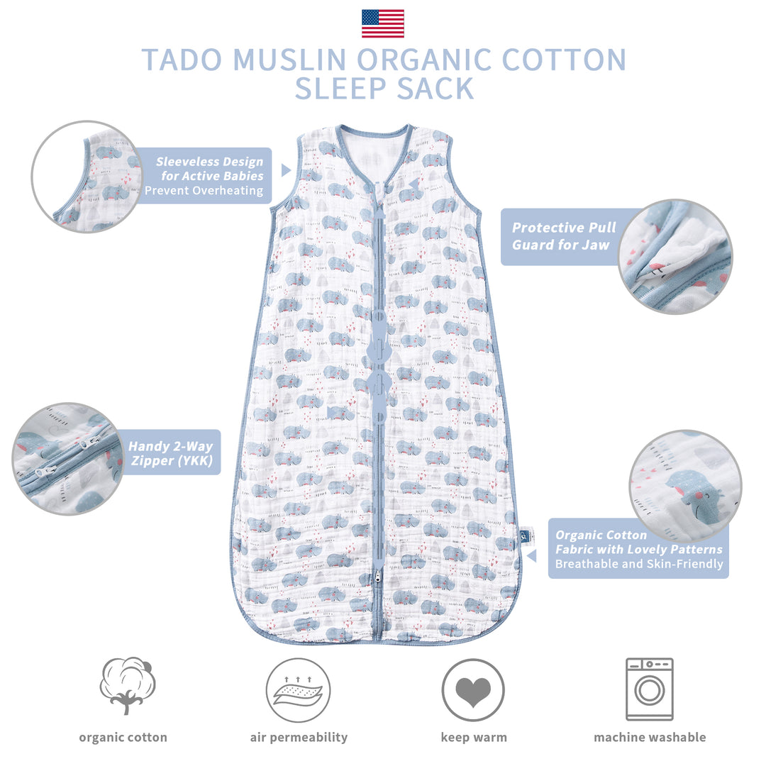 TADO MUSLIN Saco de dormir para bebé 100% algodón orgánico Manta portátil para niños pequeños 0,5 TOG (2-4T) 