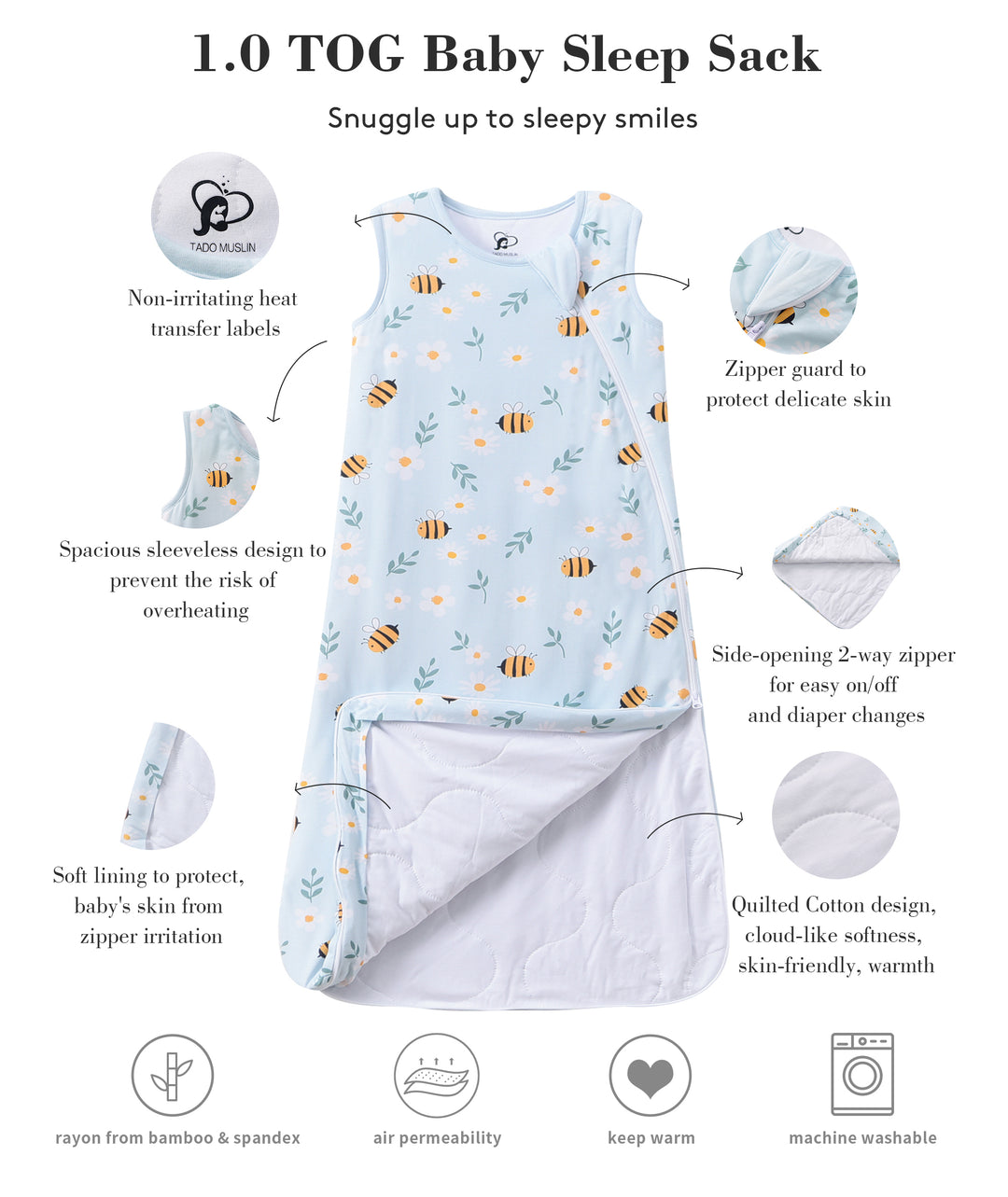 Baby Sleep Sack 1.0 Tog 95% Rayon from Bamboo 5% Spandex Breathable Sleep Sack