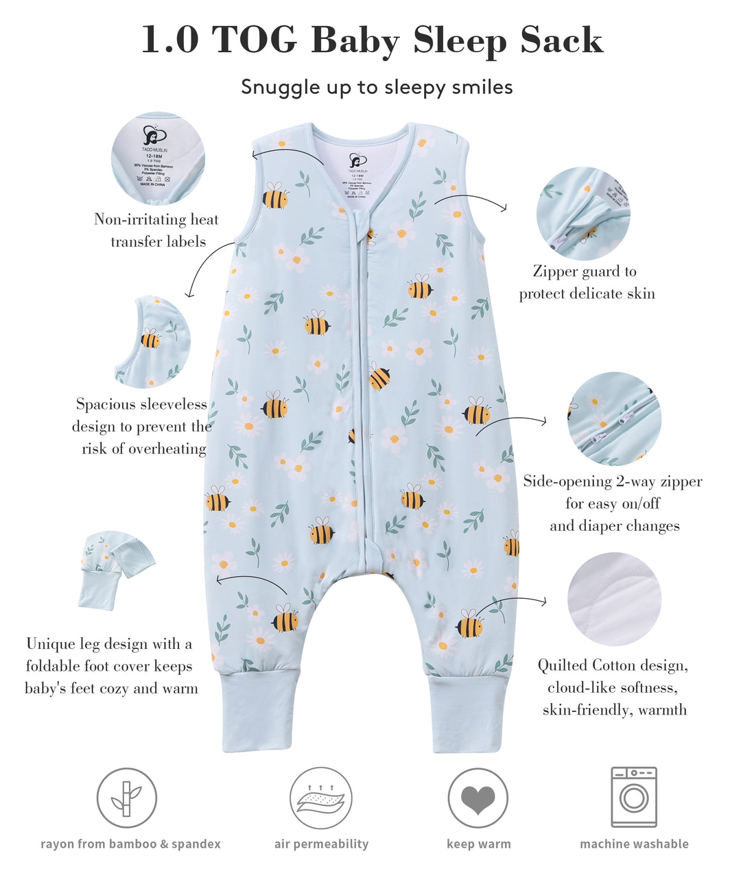 Toddler Sleep Sack with Feet 1.0 Tog 95% Rayon from Bamboo 5% Spandex Breathable