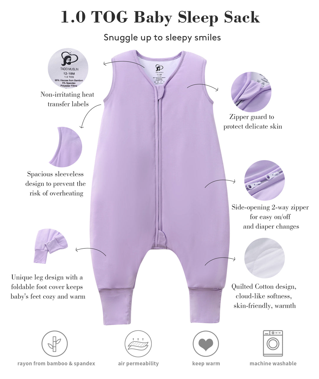 Toddler Sleep Sack with Feet 1.0 Tog 95% Rayon from Bamboo 5% Spandex Breathable