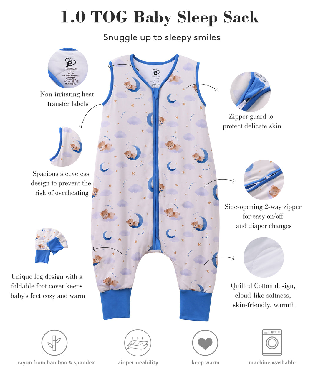 Toddler Sleep Sack with Feet 1.0 Tog 95% Rayon from Bamboo 5% Spandex Breathable