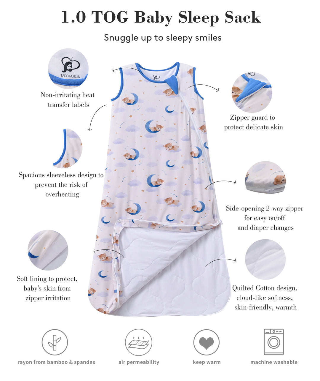 Baby Sleep Sack 1.0 Tog 95% Rayon from Bamboo 5% Spandex Breathable Sleep Sack