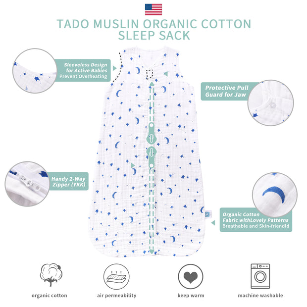 Organic Cotton Toddler Sleep Sack for 2-4T, Star Design, Breathable and Warm, Wearable Blanket for Boys and Girls | TADO MUSLIN