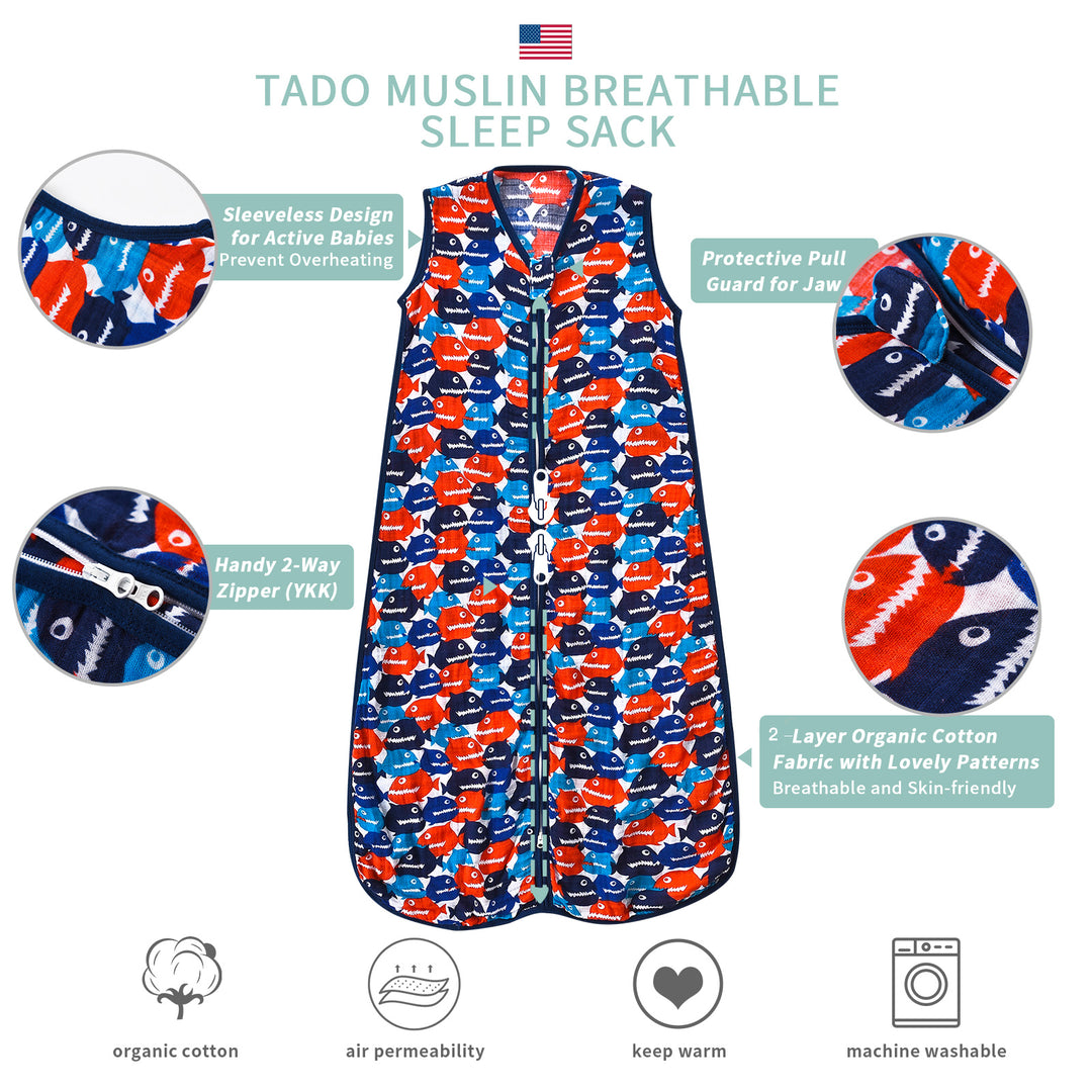 TADO MUSLIN Saco de dormir para bebé 100% algodón orgánico Manta portátil para niños pequeños 0,5 TOG (2-4T) 